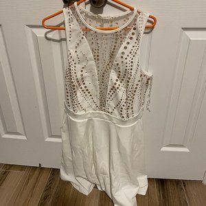 Curvy Sense 1X Ivory/Gold sparkle flare dress with pockets